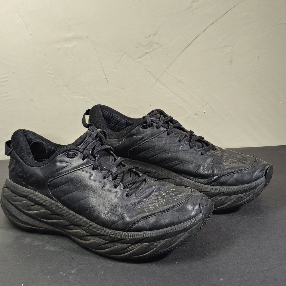 Hoka Bondi SR Men 12 Black Leather Walking Shoes 1110520 BBLC Slip Resistant